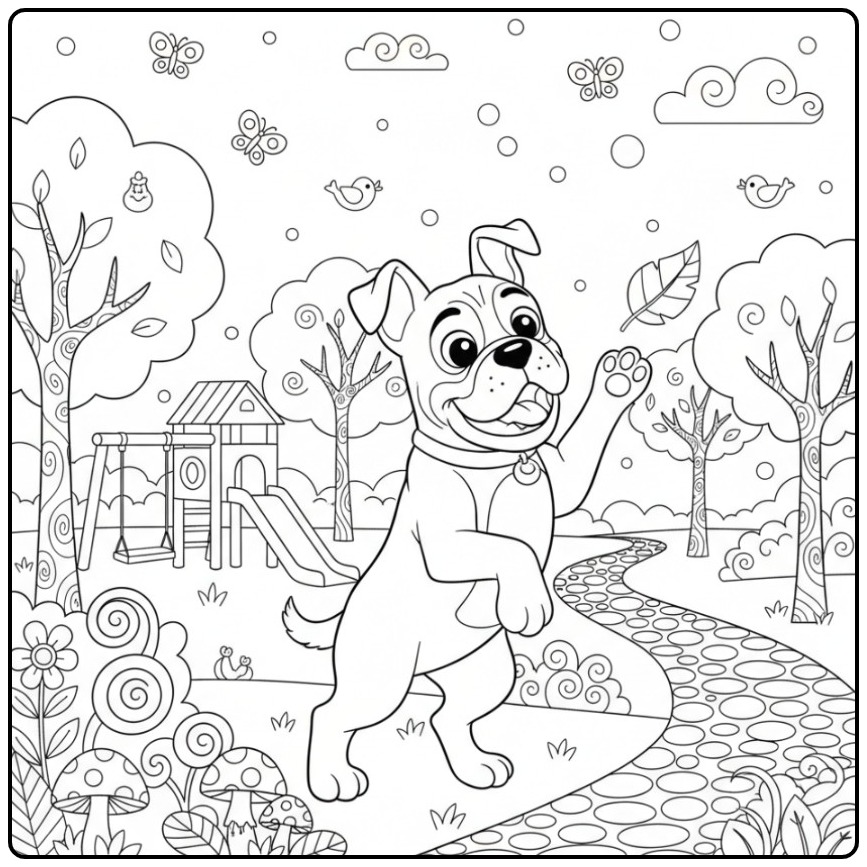 Een vrolijke boxer in het park, een kleurplaat hond moeilijk.