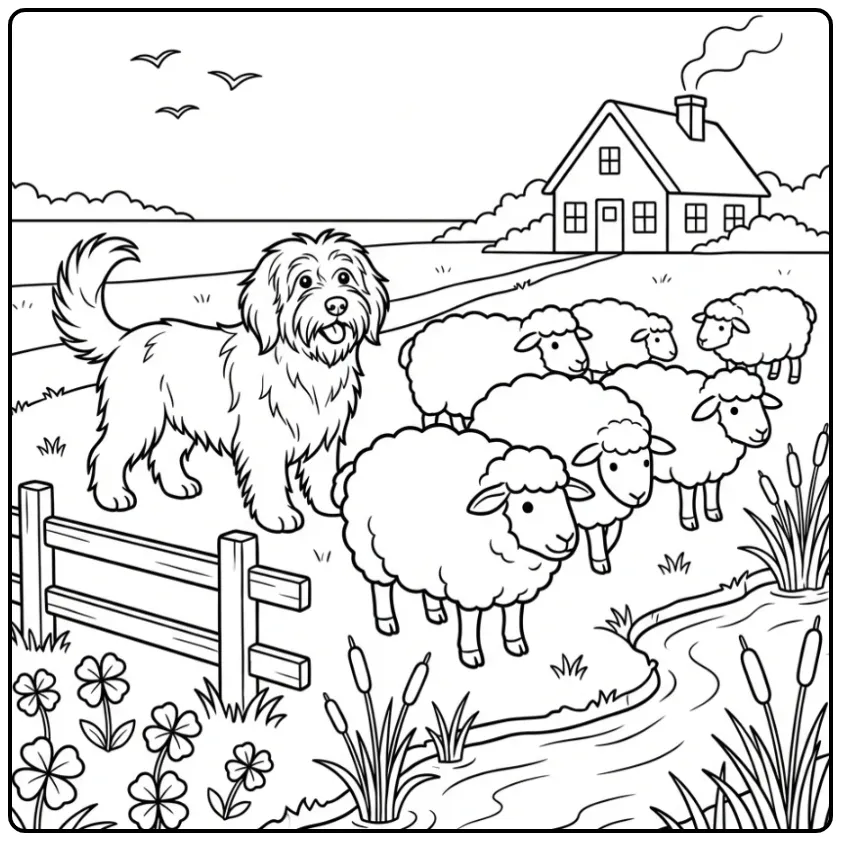 Een Schapendoes hoedt schapen, een kleurplaat hond volwassenen.