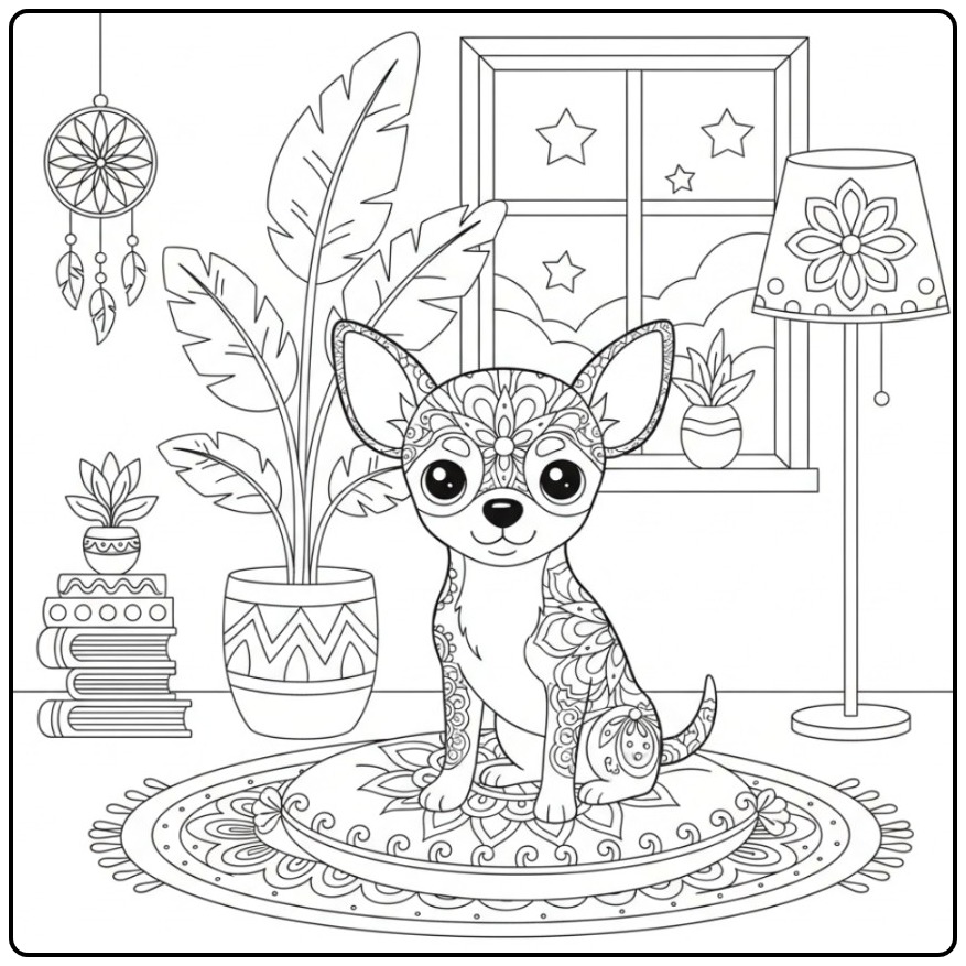 Een schattige kleurplaat mandala hond zittend op een kussen.