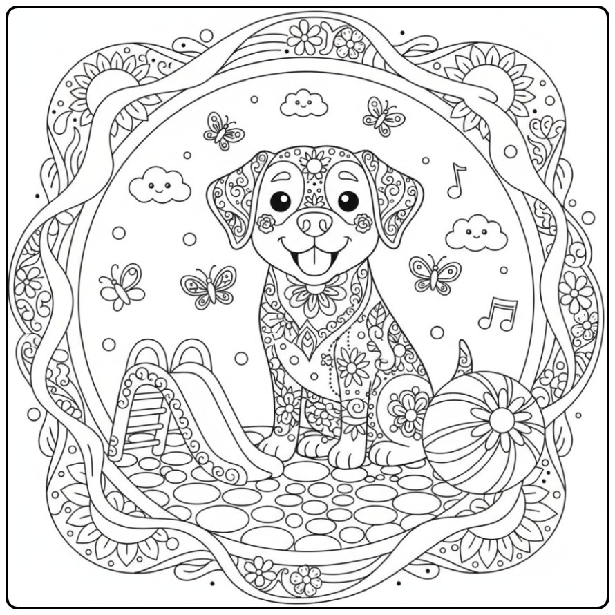 Een vrolijke Labrador als kleurplaat mandala hond in speeltuin.