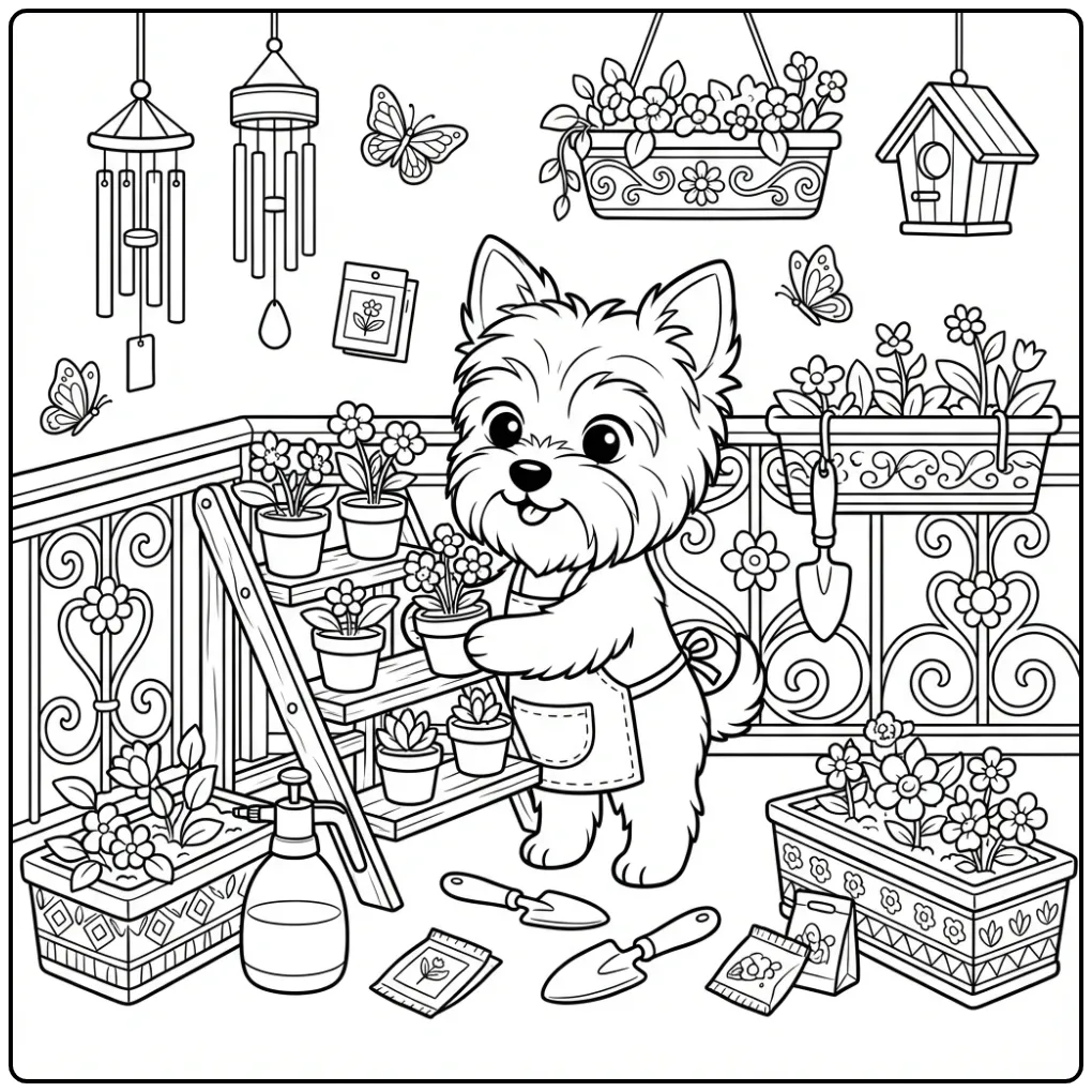 Yorkshire terrier kleurplaat puppy moeilijk op balkon.