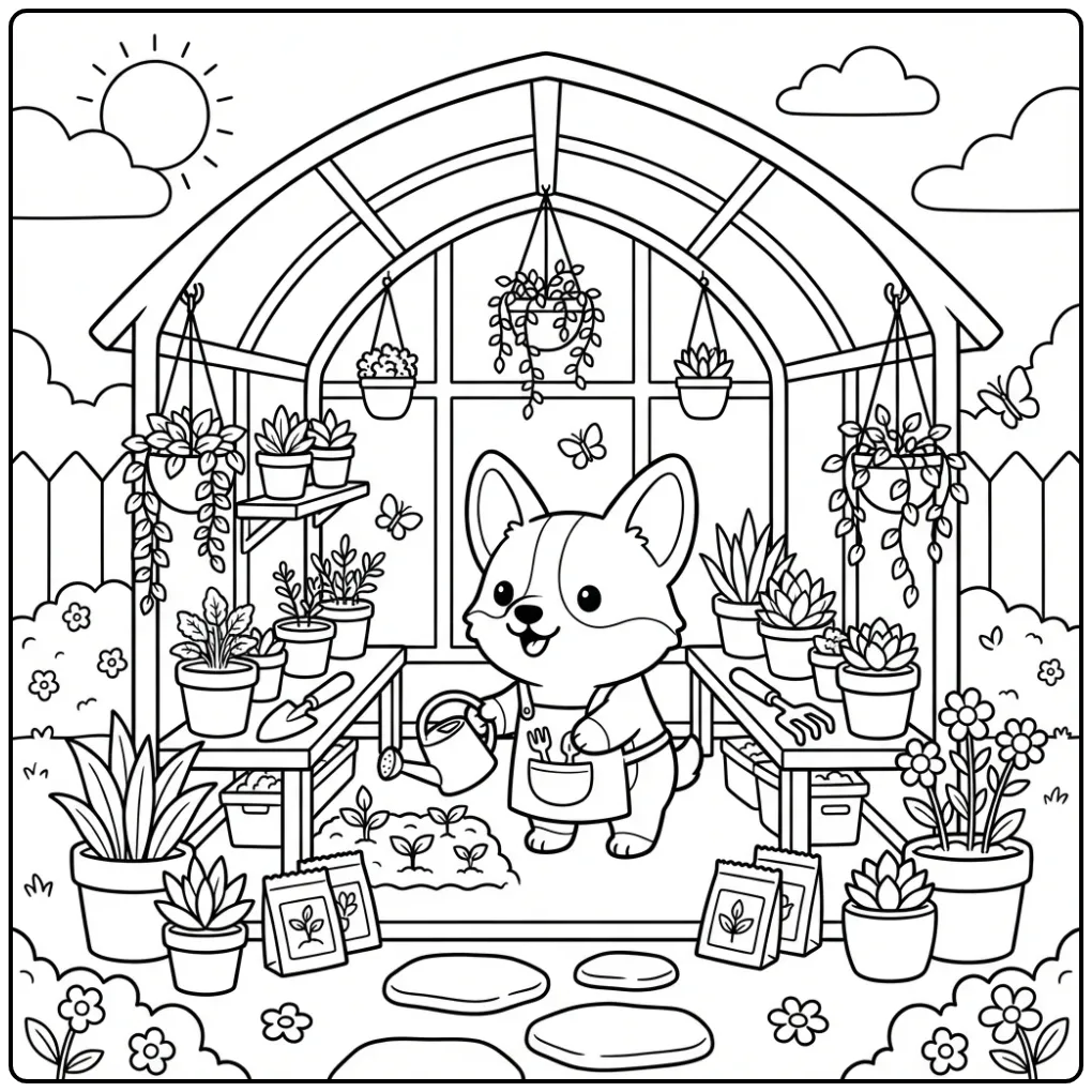 Schattige Corgi in tuinkas, kleurplaat puppy moeilijk.