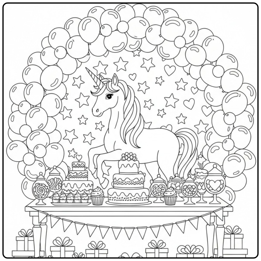 Een leuke kleurplaat unicorn verjaardag met ballonnen en taart.