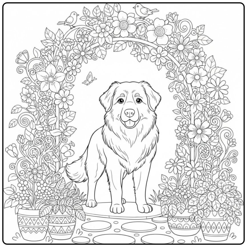 Een majestueuze Leonberger in een tuin, kleurplaat hond moeilijk.