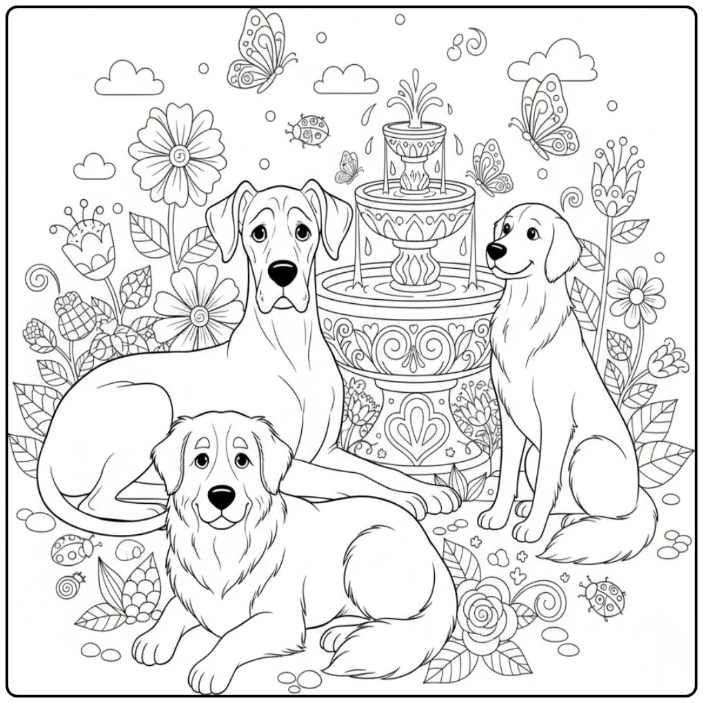 Drie grote honden bij een fontein, een honden kleurplaat moeilijk.