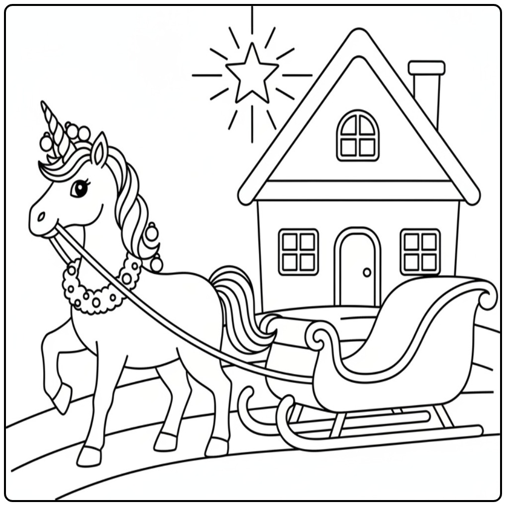 Kleur de magische Kerst eenhoorn in de arrenslee kleurplaat in!