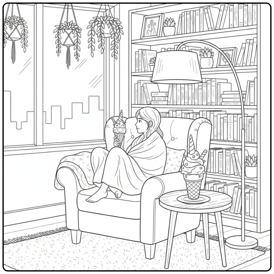 Gezellige kleurplaat unicorn ijsje: meisje ontspant met zoete traktatie.