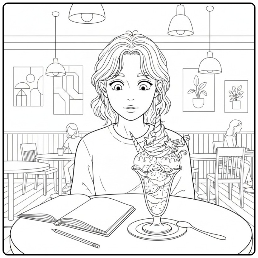 Verraste meid kijkt naar een kleurplaat unicorn ijsje in een café.