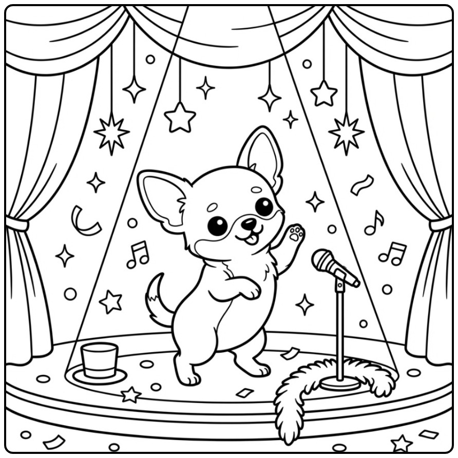 Vrolijke kleurplaat chihuahua als een superster op het podium.