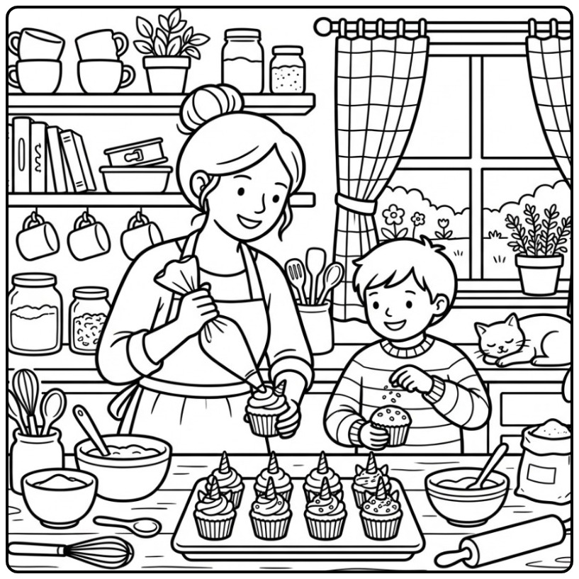 Moeder en zoon versieren een magische unicorn cupcake kleurplaat.