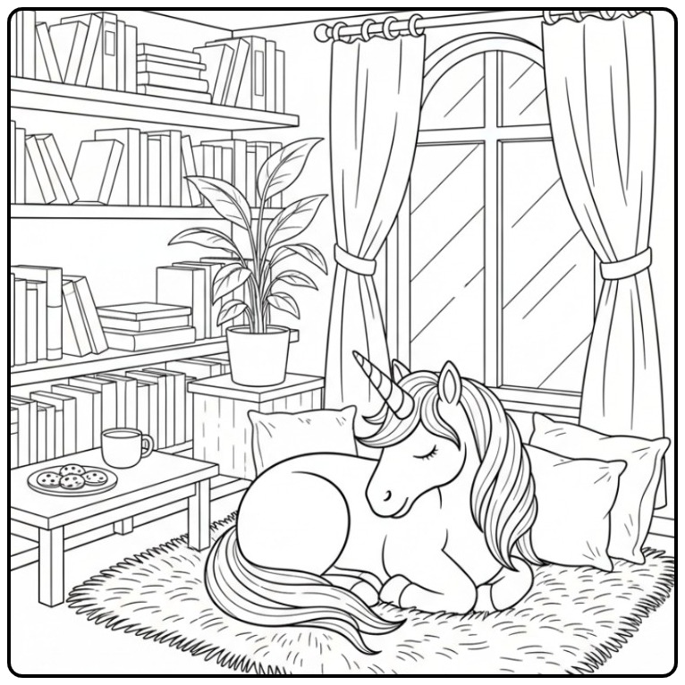 Een slapende eenhoorn in een bibliotheek, unicorn kleurplaat makkelijk.