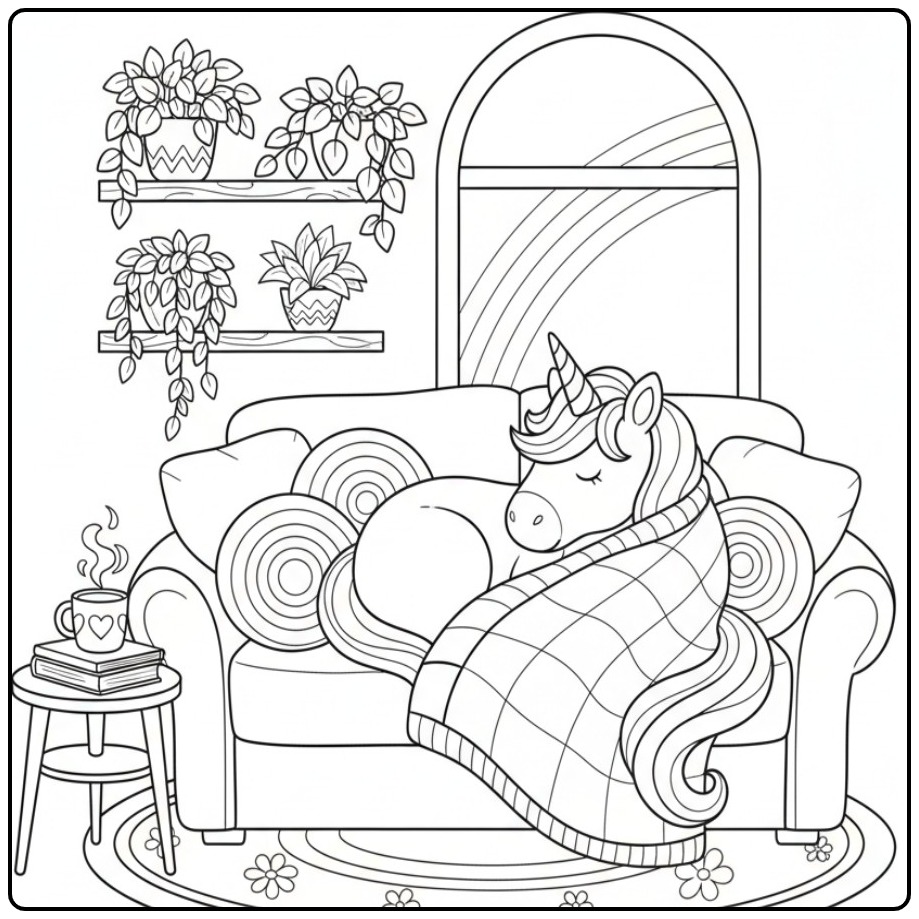 Een slapende eenhoorn op de bank, een kleurplaat unicorn regenboog.