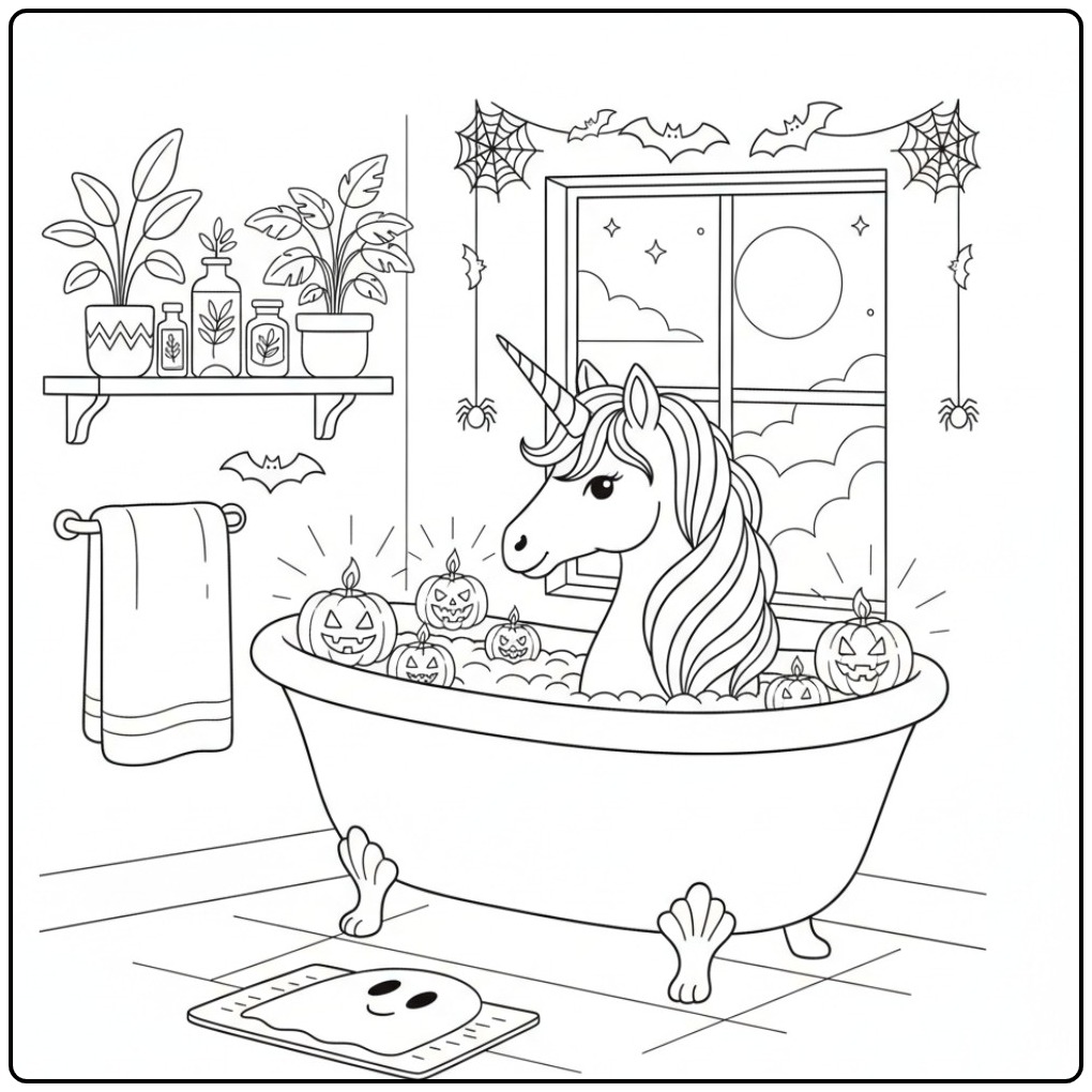 Eenhoorn in een bad vol pompoenen, unicorn halloween kleurplaat.