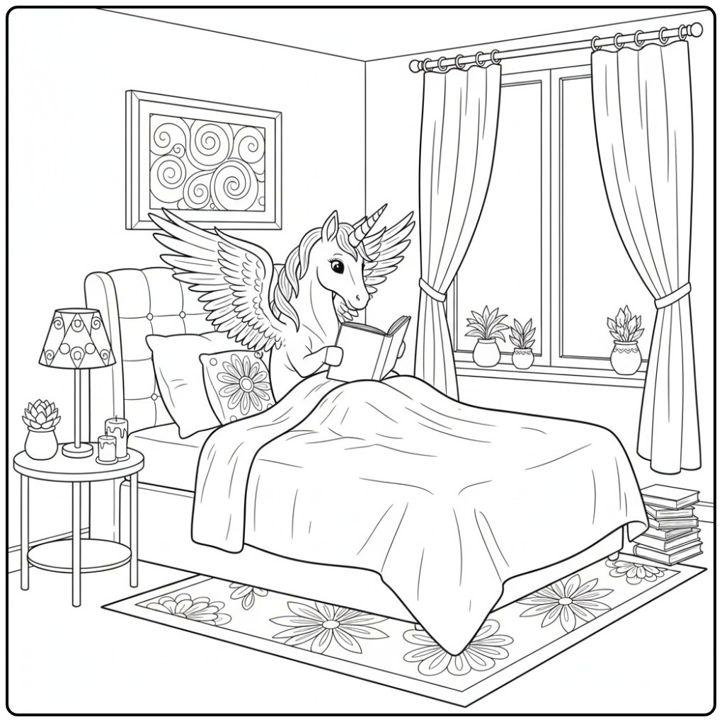 Een magische kleurplaat eenhoorn met vleugels leest een boek.
