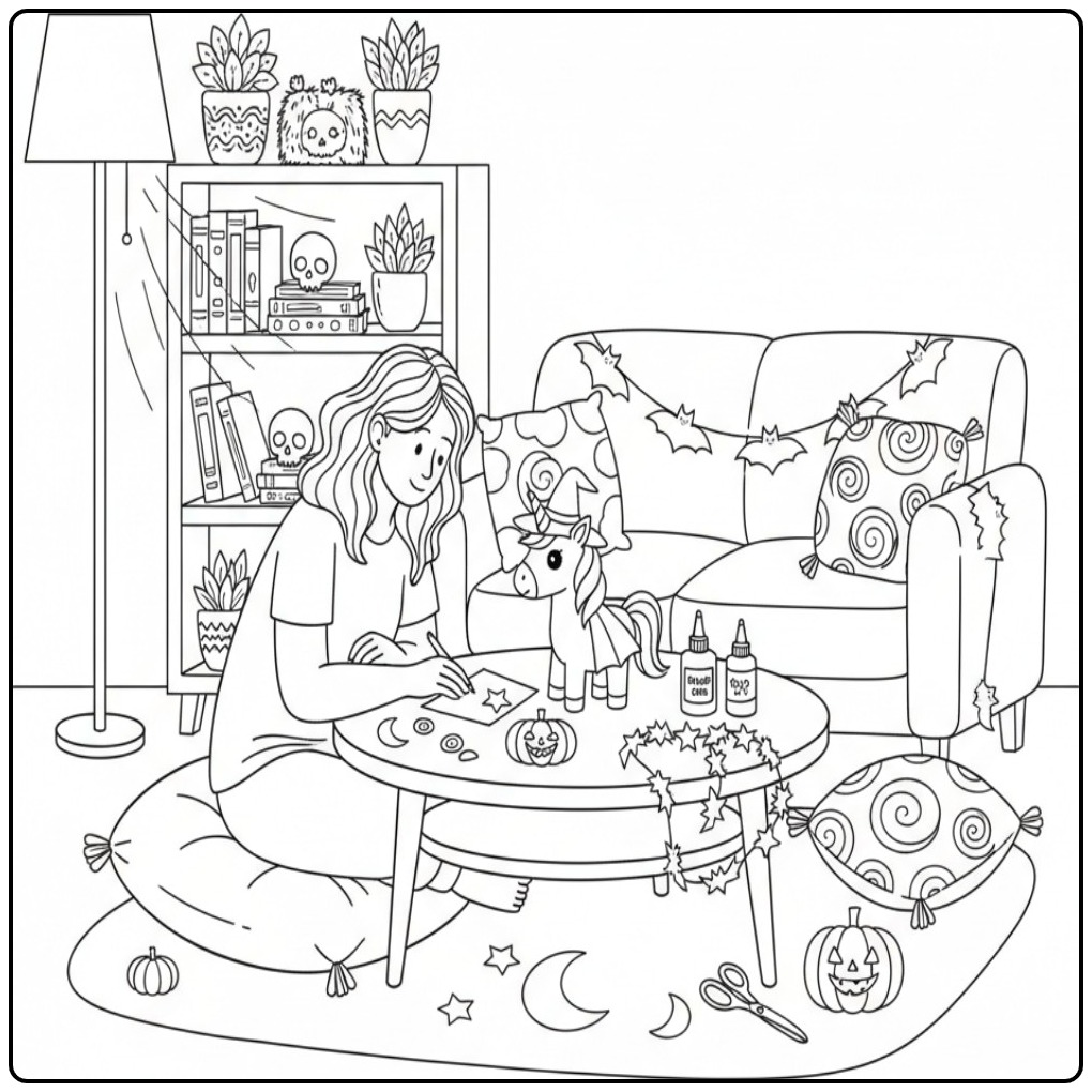 Een meisje knutselt een leuke unicorn halloween kleurplaat.