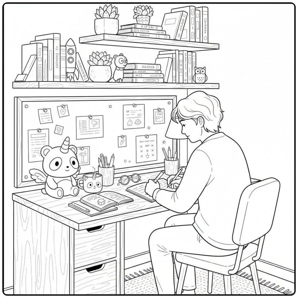 Een jongen studeert met een schattige unicorn panda kleurplaat.