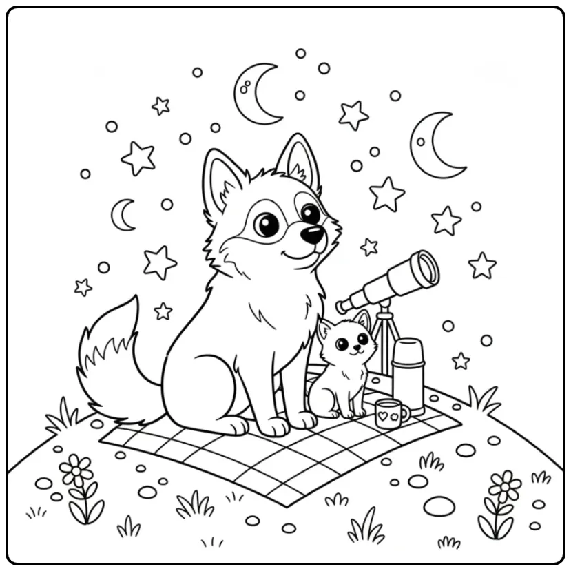 Een lieve kleurplaat hond en kat die sterrenkijken op een heuvel.