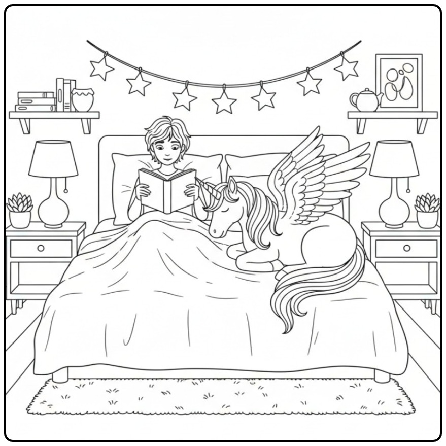 Kind leest in bed met een kleurplaat eenhoorn met vleugels.