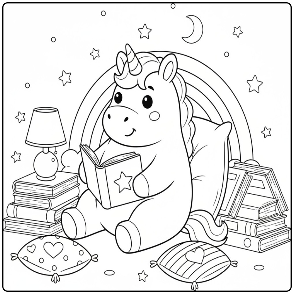 Een lezende kleurplaat unicorn regenboog met stapels boeken.