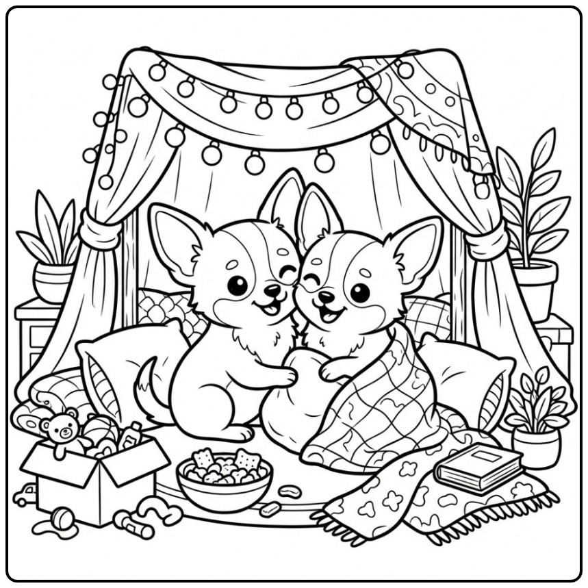 Leuke kleurplaat chihuahua van twee hondjes in een kussenfort.