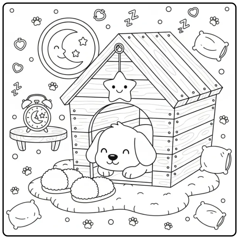 Leuke kleurplaat hondenhok met een slaperige pup en speelgoed.