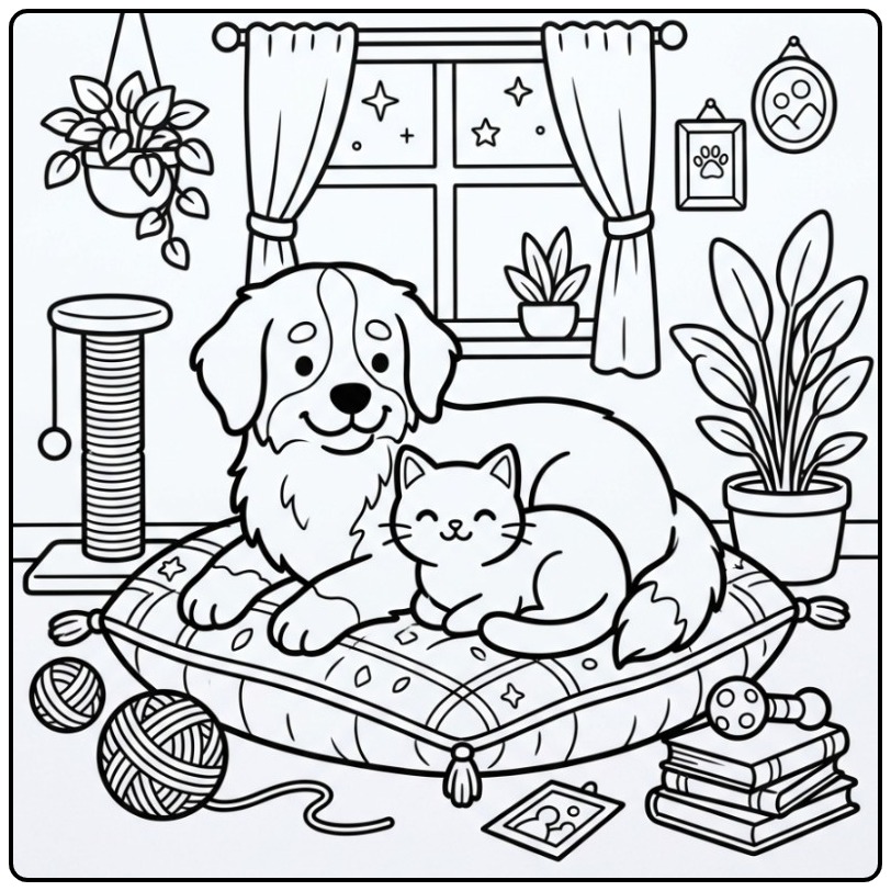 Een schattige berner sennen kleurplaat van een hond en een kat.