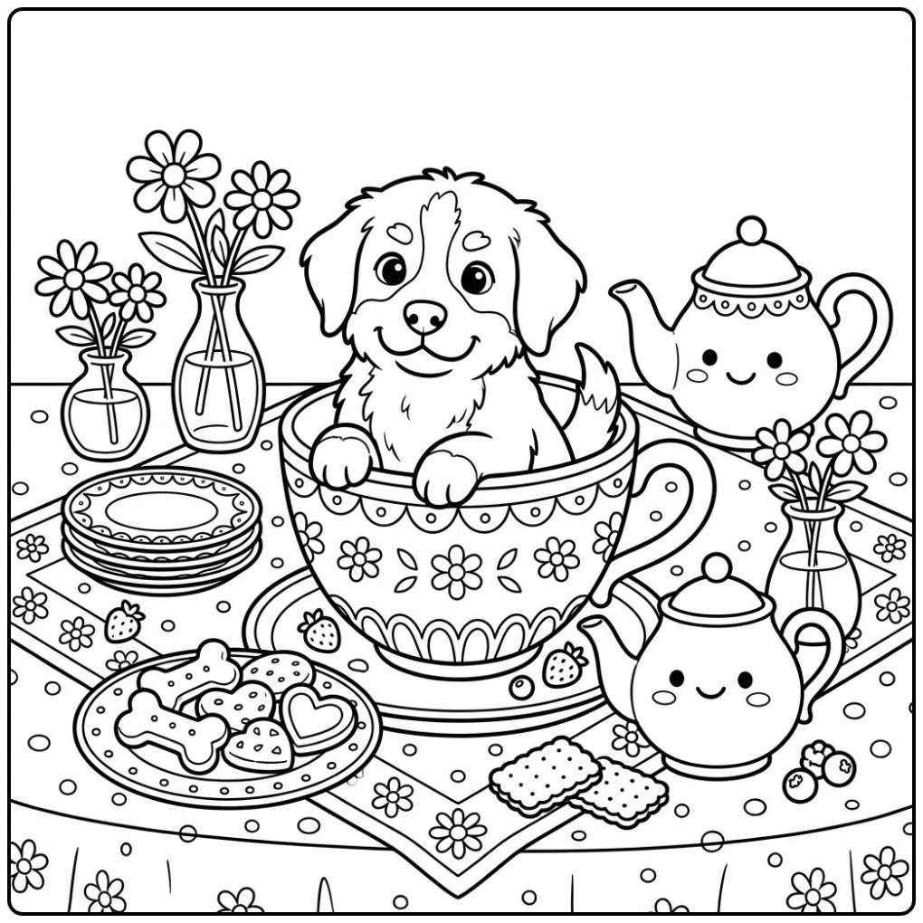 Een schattige berner sennen kleurplaat van een pup in een theekop.