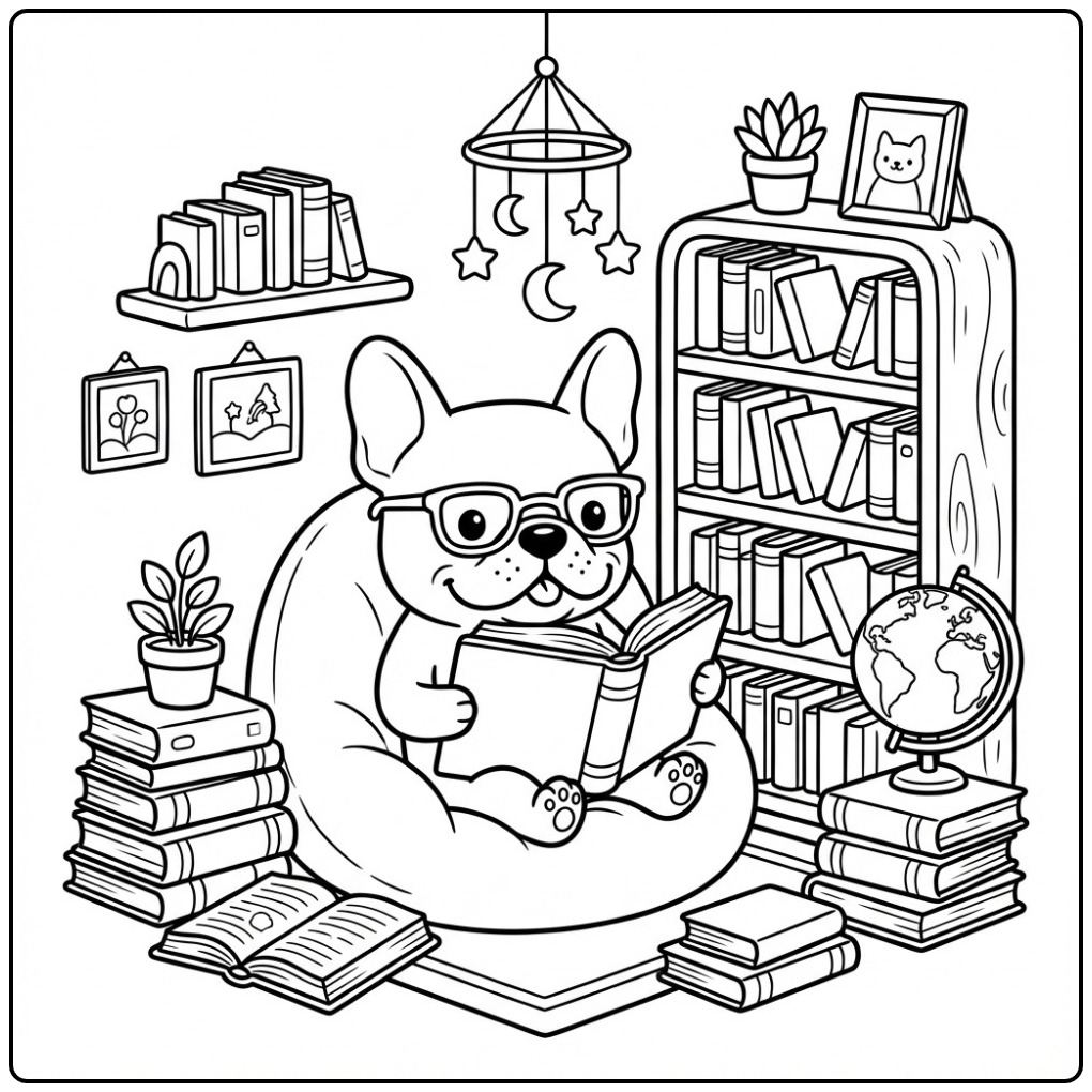 Een slimme hond leest een boek op een kleurplaat franse bulldog.