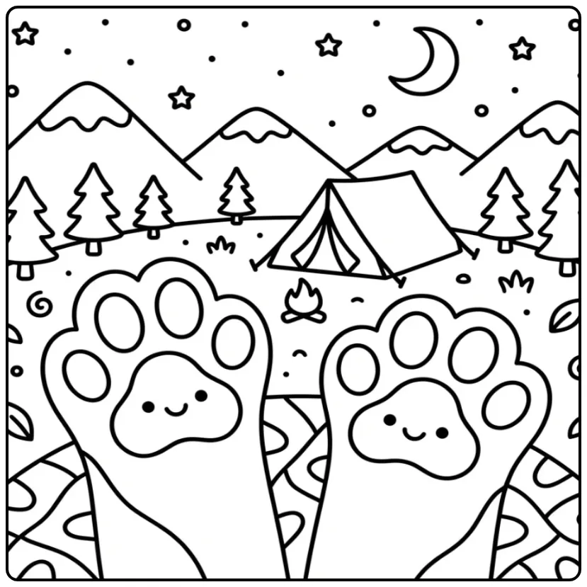 Hondenpoot kleurplaat met tent en kampvuur in de natuur.