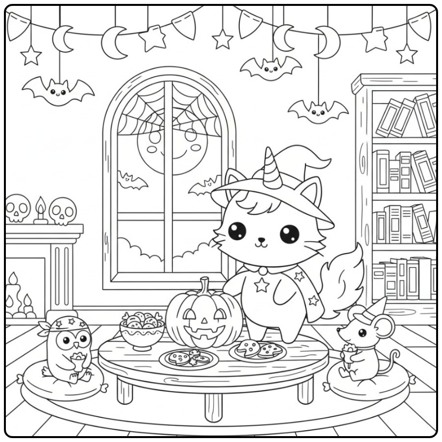 Een schattige Eenhoorn kat Halloween Kleurplaat en vriendjes.