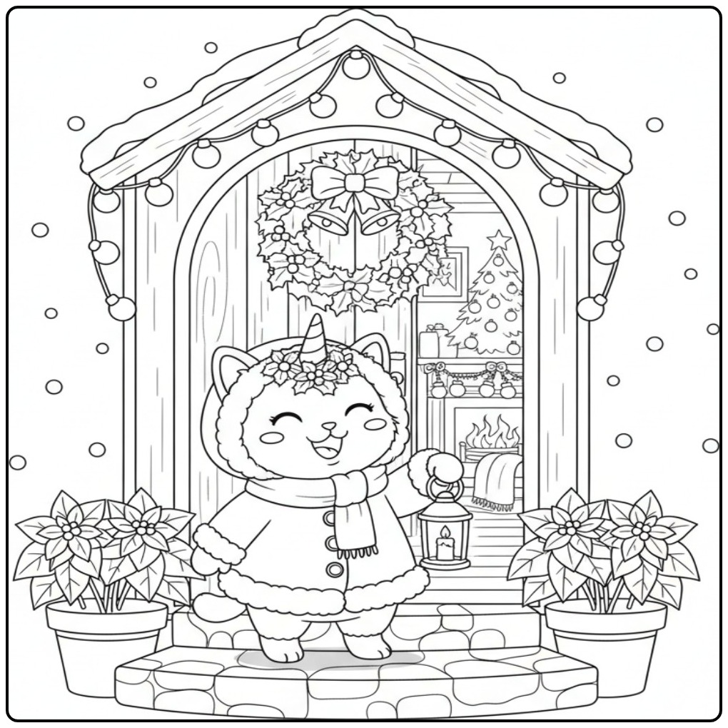 Een schattige Eenhoornkat Kerstmis Kleurplaat met lantaarn.