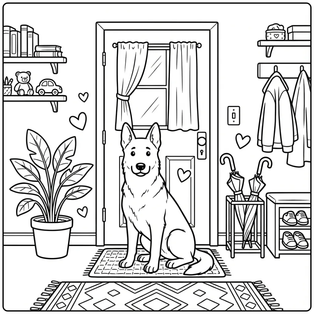 Een trotse herder op de deurmat, een kleurplaat hond makkelijk.