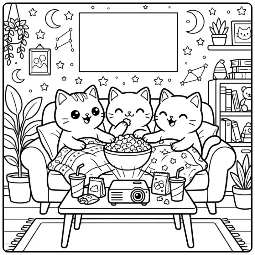 Leuke katten kleurplaat met drie poezen, popcorn en film.
