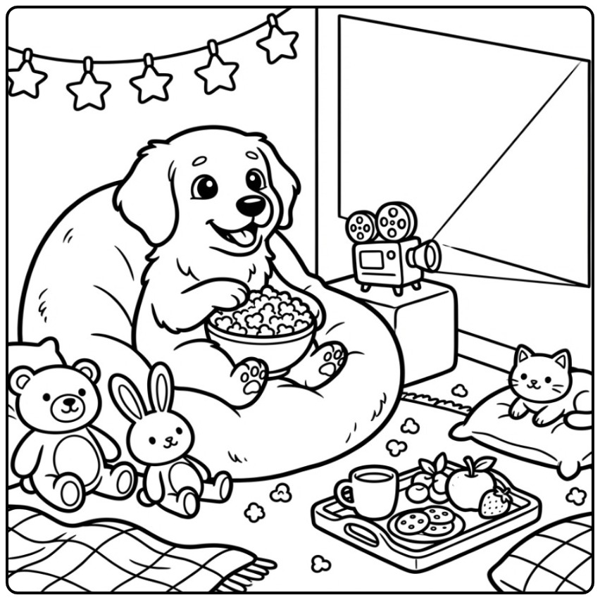 Leuke kleurplaat golden retriever die een film kijkt met popcorn.