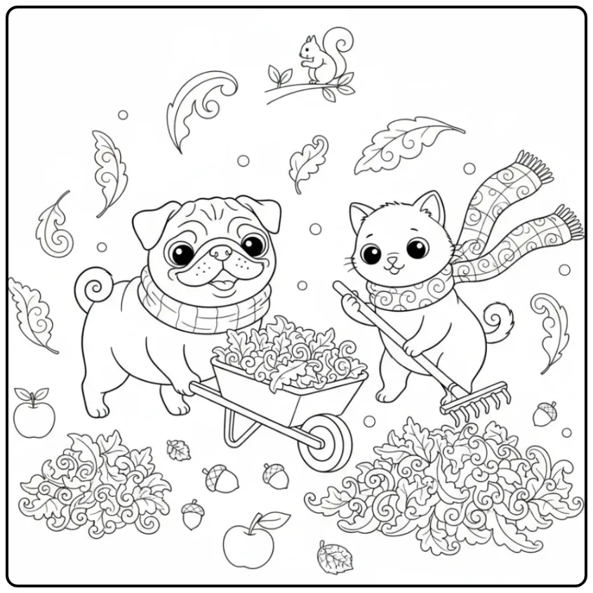 Leuke kleurplaat hond en kat die herfstbladeren bij elkaar harken.
