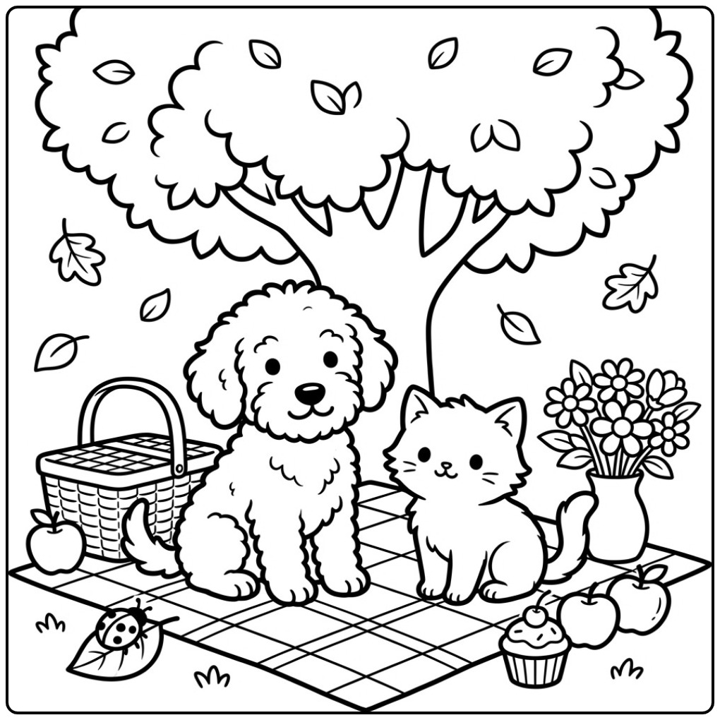 Leuke kleurplaat labradoodle met een poesje op een picknickkleed.