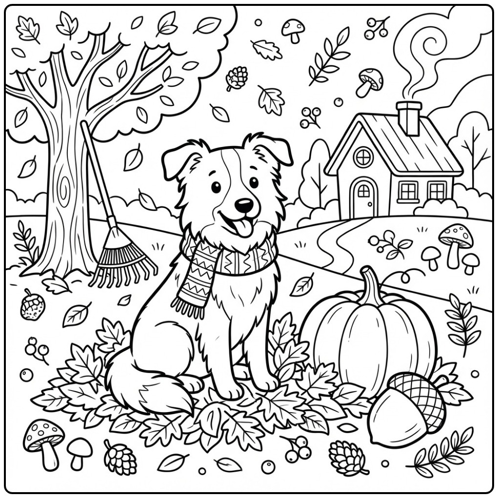 Een schattige kleurplaat border collie met een sjaal en pompoen.