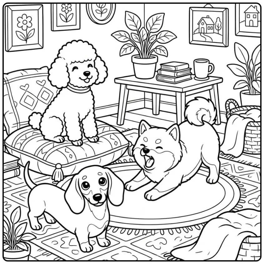 Schattige honden kleurplaat met Poedel, Shiba Inu en Teckel