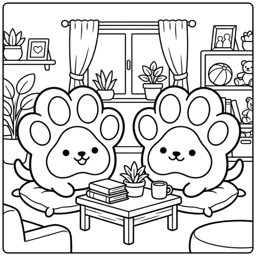 Leuke hondenpoot kleurplaat met vrienden in de woonkamer.
