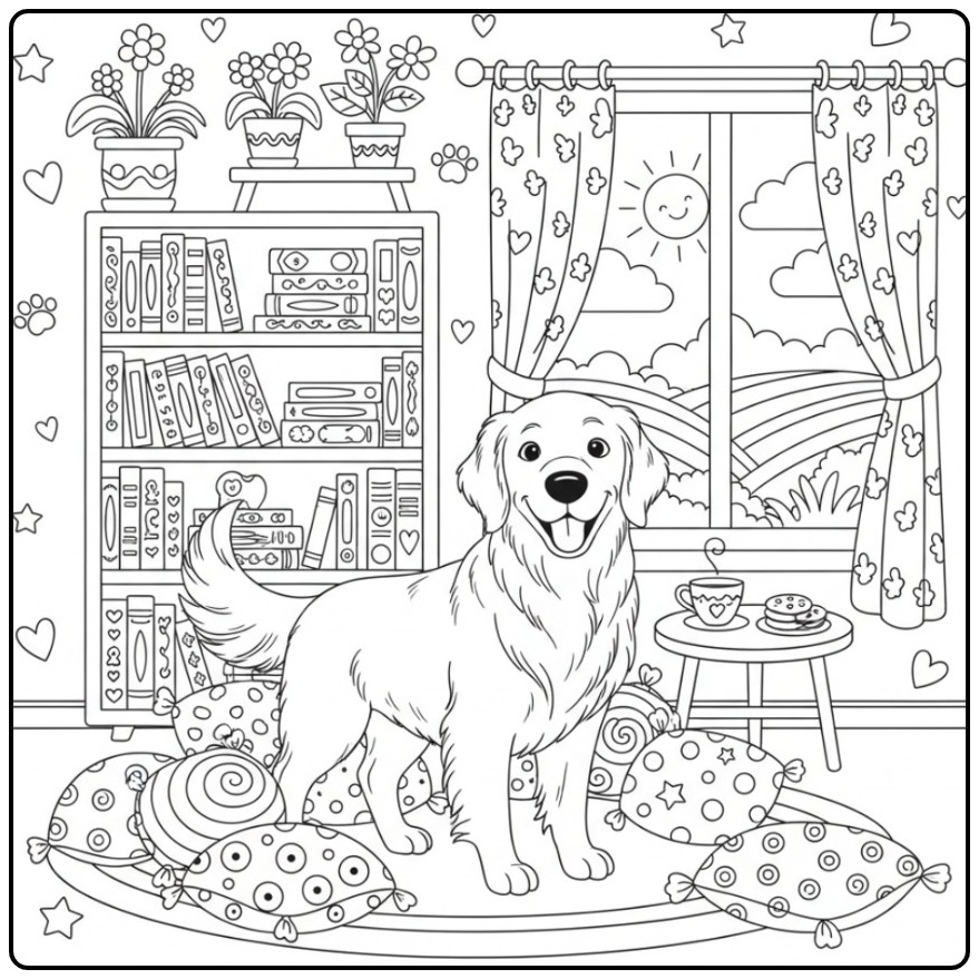 Een vrolijke Golden Retriever op een kleurplaat hond moeilijk.