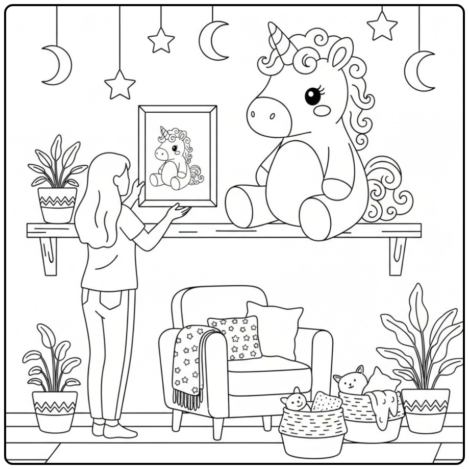 Meisje hangt een schattige baby unicorn kleurplaat aan de muur.