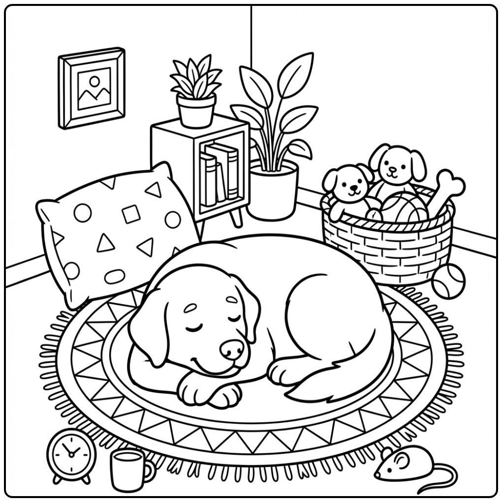 Schattige kleurplaat labrador die slaapt op een zacht tapijt.