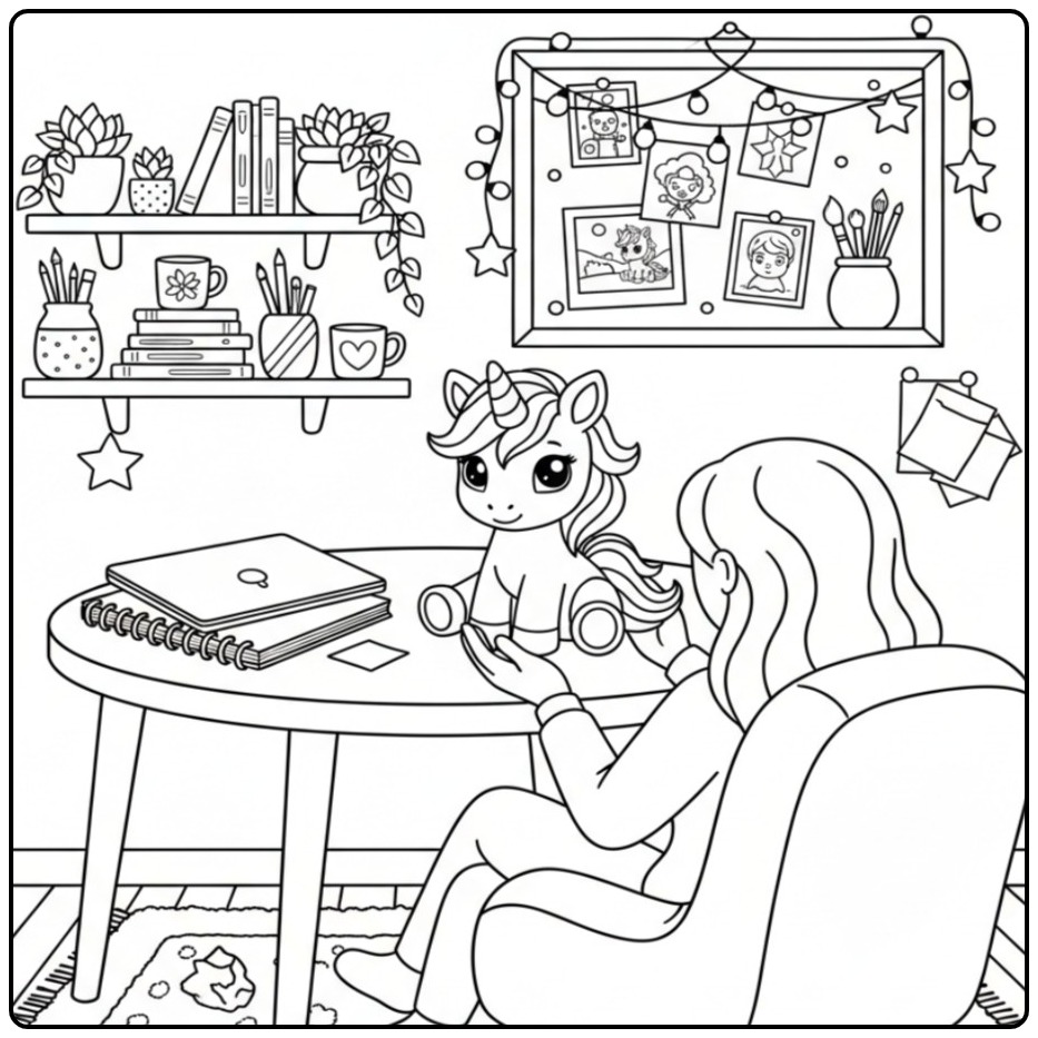 Persoon aan een bureau met een schattige baby unicorn kleurplaat.