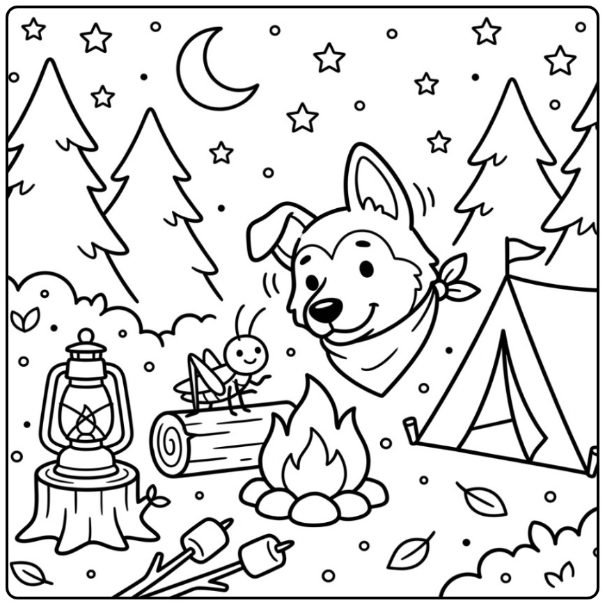 Een leuke kleurplaat hondenkop van een herder op de camping.