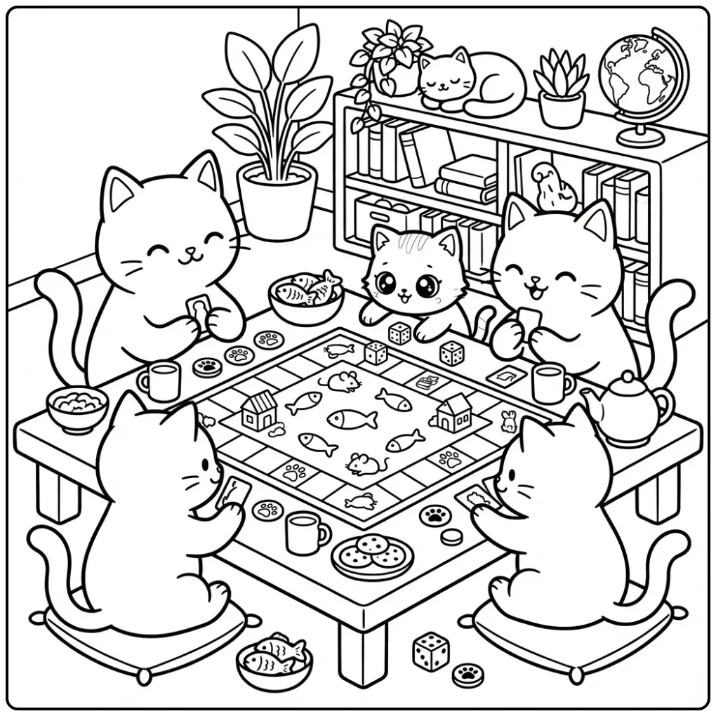 Leuke katten kleurplaat met spelende dieren en bordspel.