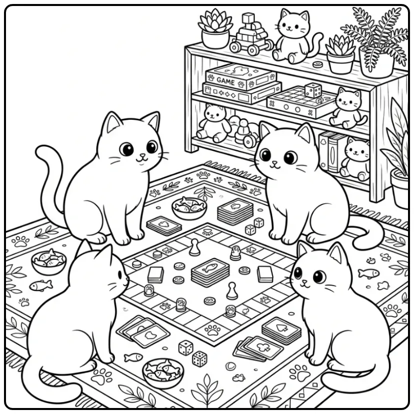 Leuke katten kleurplaat met vier katten die een bordspel doen.