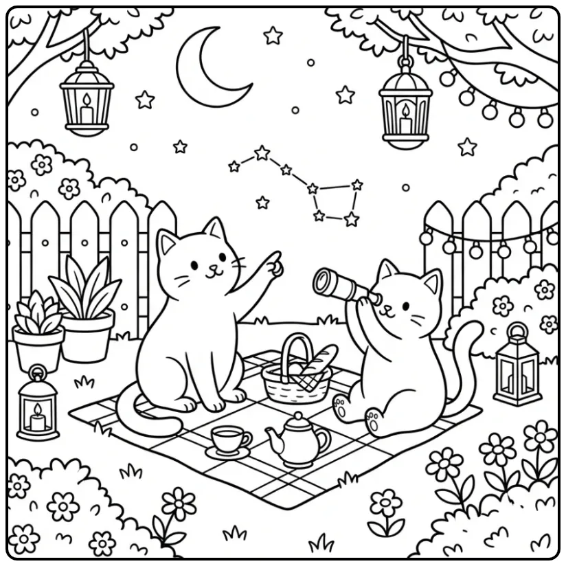 Vier katten kleurplaat volwassenen kijken naar de sterren.