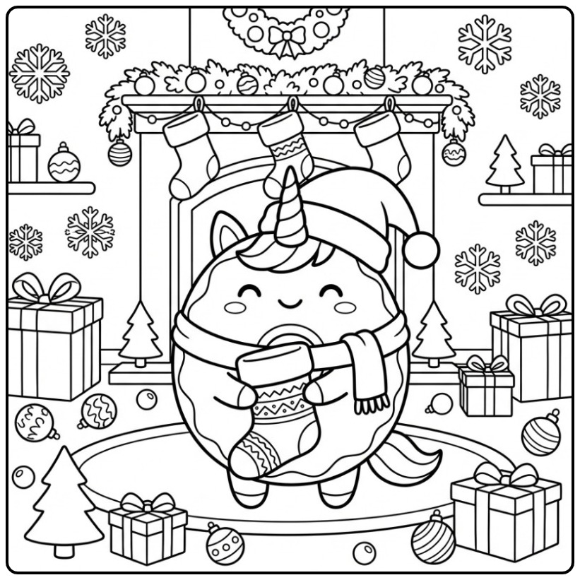 Een schattige Kerst donut eenhoorn kleurplaat met cadeautjes.