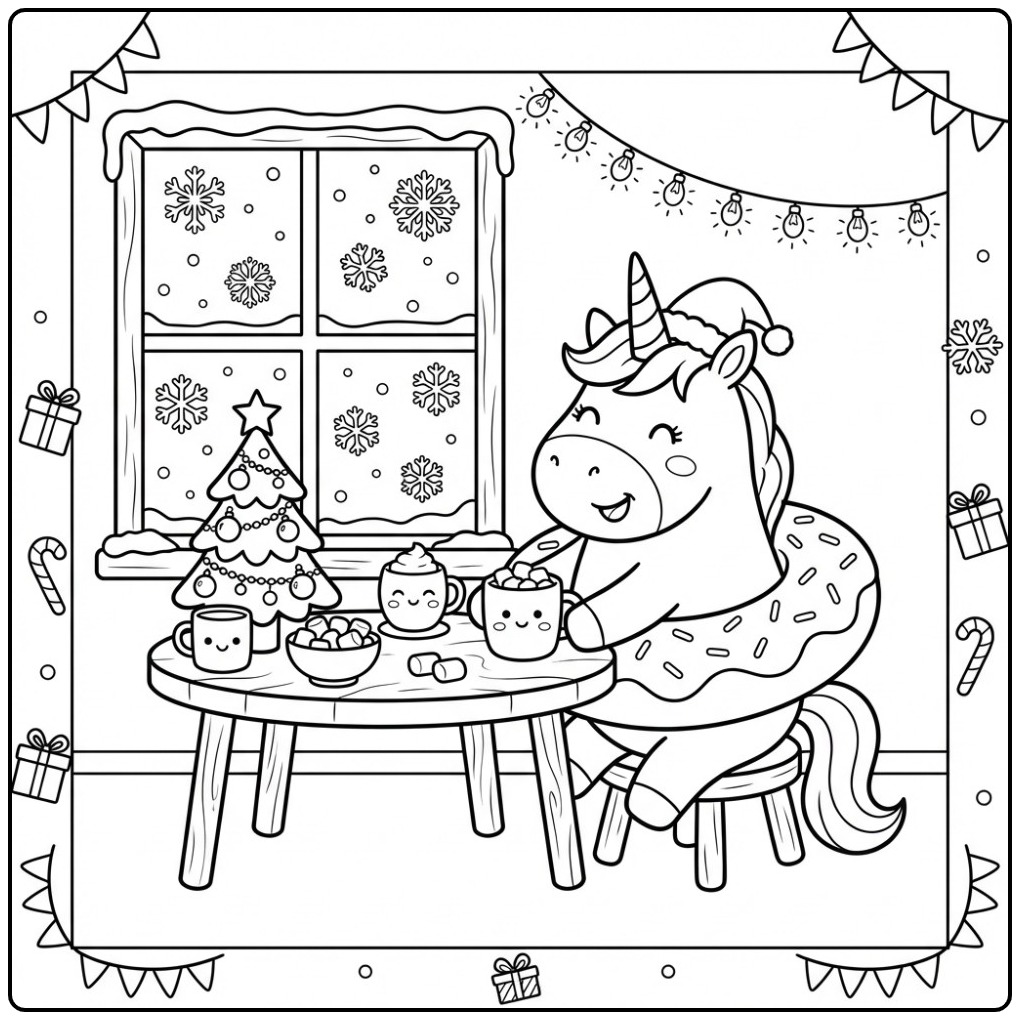 Vrolijke Kerst donut eenhoorn kleurplaat met warme choco.