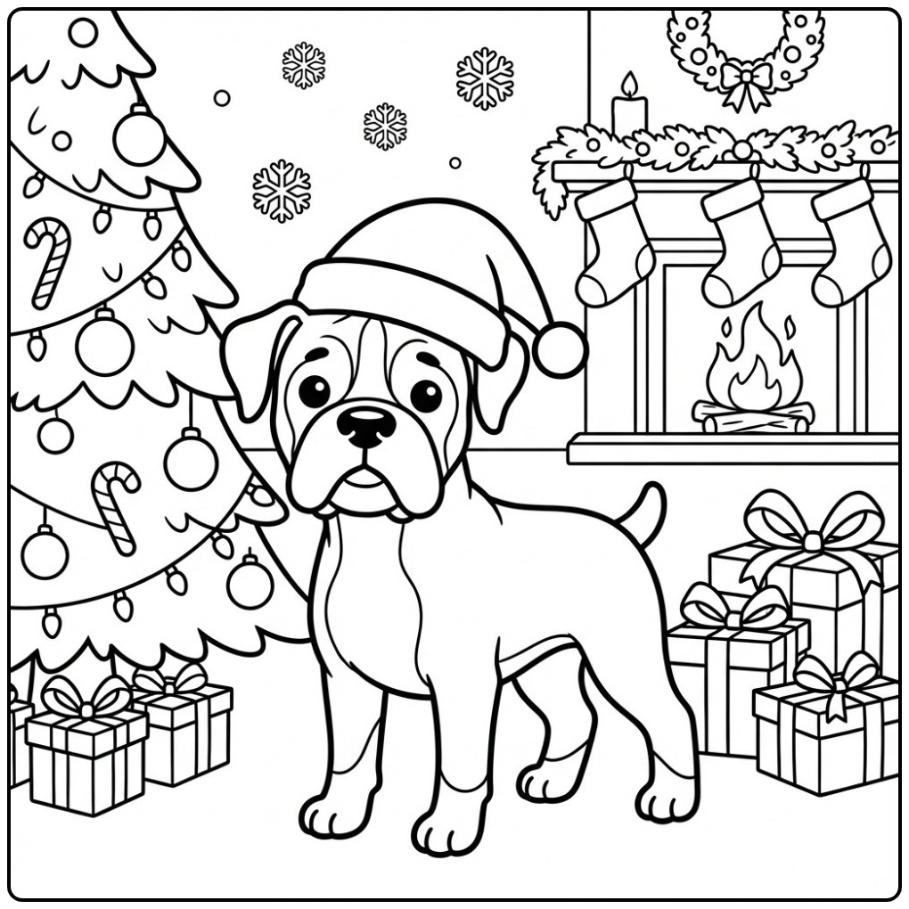 Een feestelijke kleurplaat boxer hond met een leuke kerstmuts.
